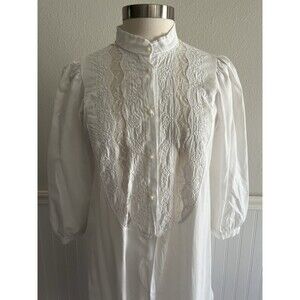 Vtg 70s Vanity Fair Victorian Long Nightgown Lace Embroidered Button Front M